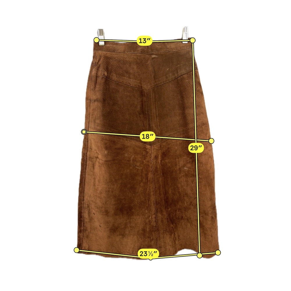 Vintage 70s Suede Leather Midi Skirt Women 26 Brown Western Boho Paneled A-Line - Picture 4 of 11